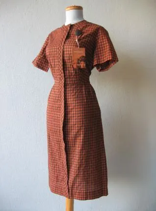 50s Day Dress  Plaid Checked Deadstock 60s Women's Vintage Simpli-Smart M/L VFG