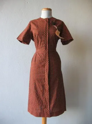50s Day Dress  Plaid Checked Deadstock 60s Women's Vintage Simpli-Smart M/L VFG