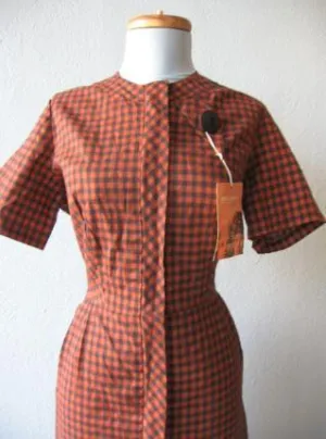 50s Day Dress  Plaid Checked Deadstock 60s Women's Vintage Simpli-Smart M/L VFG