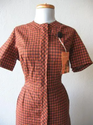 50s Day Dress  Plaid Checked Deadstock 60s Women's Vintage Simpli-Smart M/L VFG