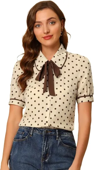 Allegra K Polka Dots Blouse for Women's Peter Pan Collar Bow Tie Neck Puff Sleeve Vintage Shirt Top