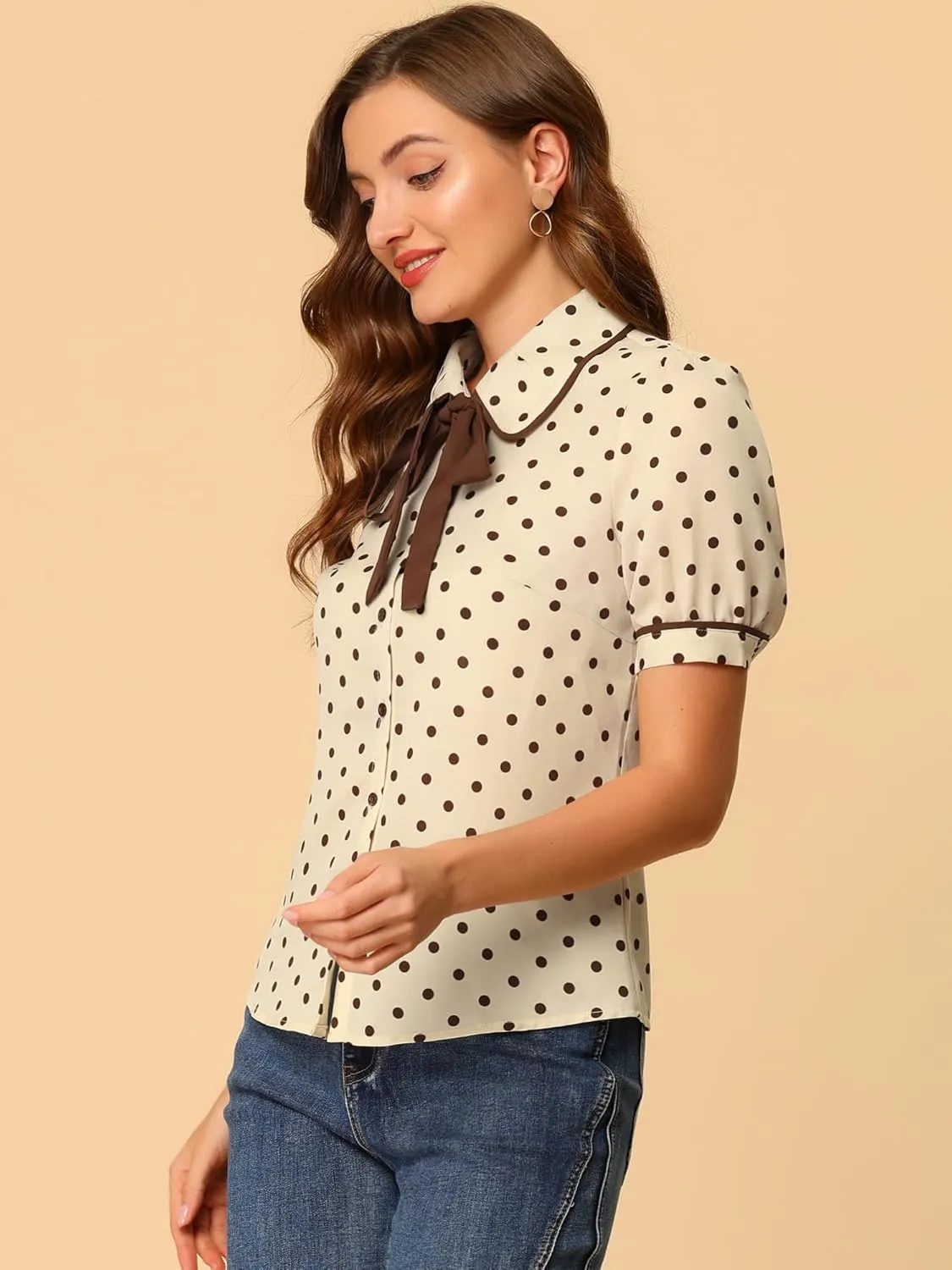 Allegra K Polka Dots Blouse for Women's Peter Pan Collar Bow Tie Neck Puff Sleeve Vintage Shirt Top