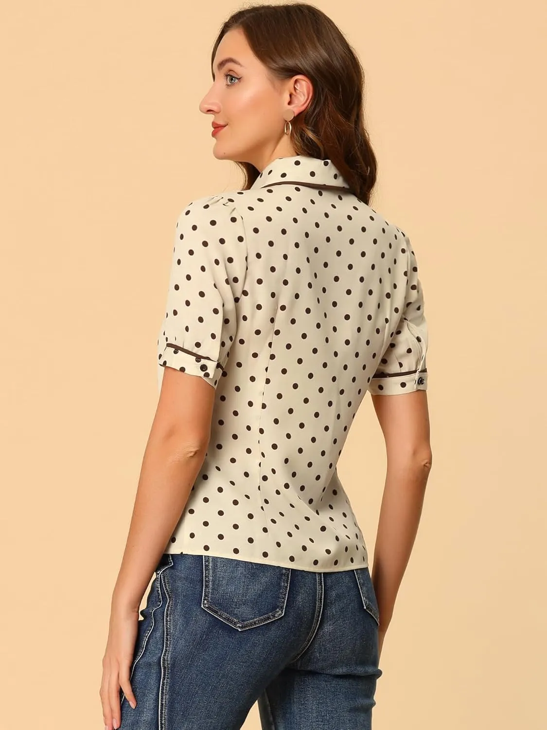 Allegra K Polka Dots Blouse for Women's Peter Pan Collar Bow Tie Neck Puff Sleeve Vintage Shirt Top