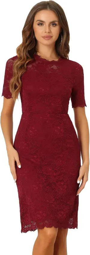 Allegra K Women's Elegant Floral Lace Dress Crew Neck Short Sleeve Cocktail Party Dresses