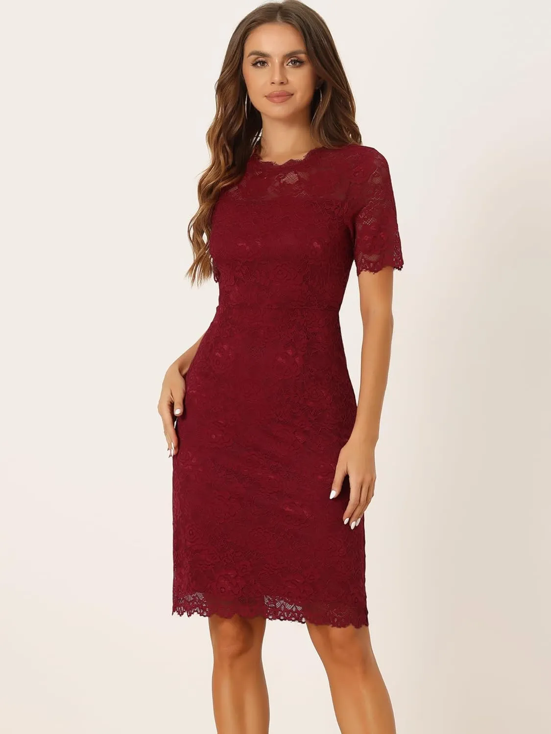 Allegra K Women's Elegant Floral Lace Dress Crew Neck Short Sleeve Cocktail Party Dresses