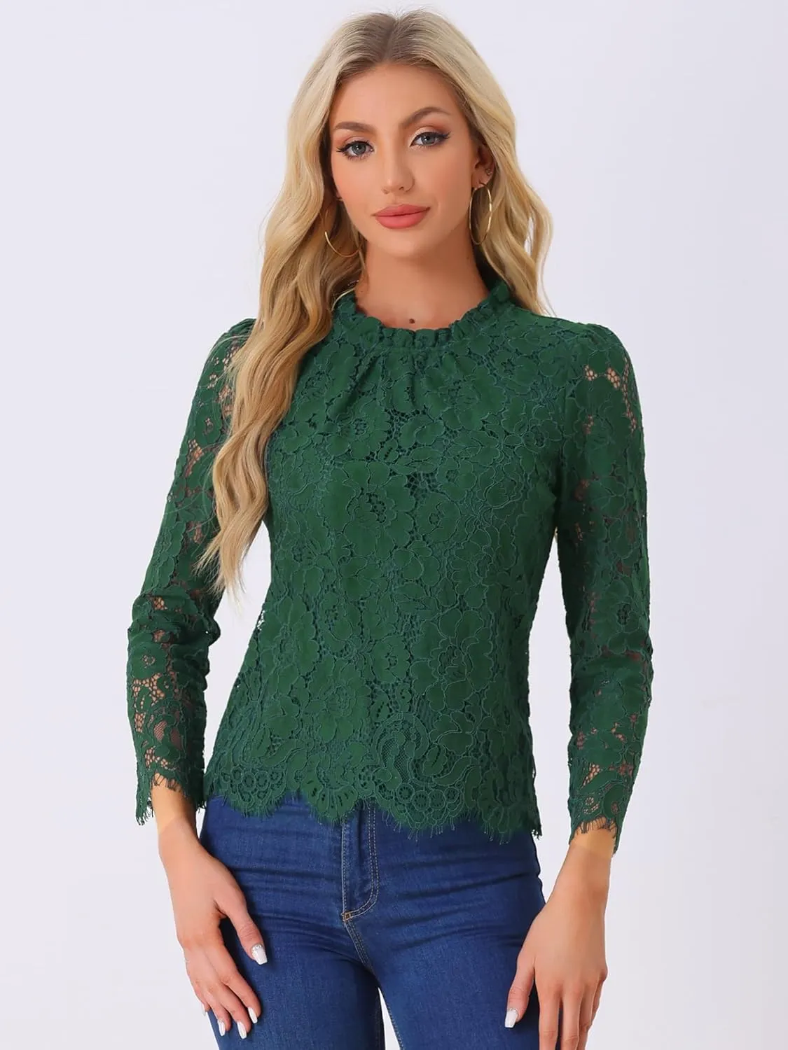 Allegra K Women's Lace Top Long Sleeve Ruffle Neck Floral Blouse