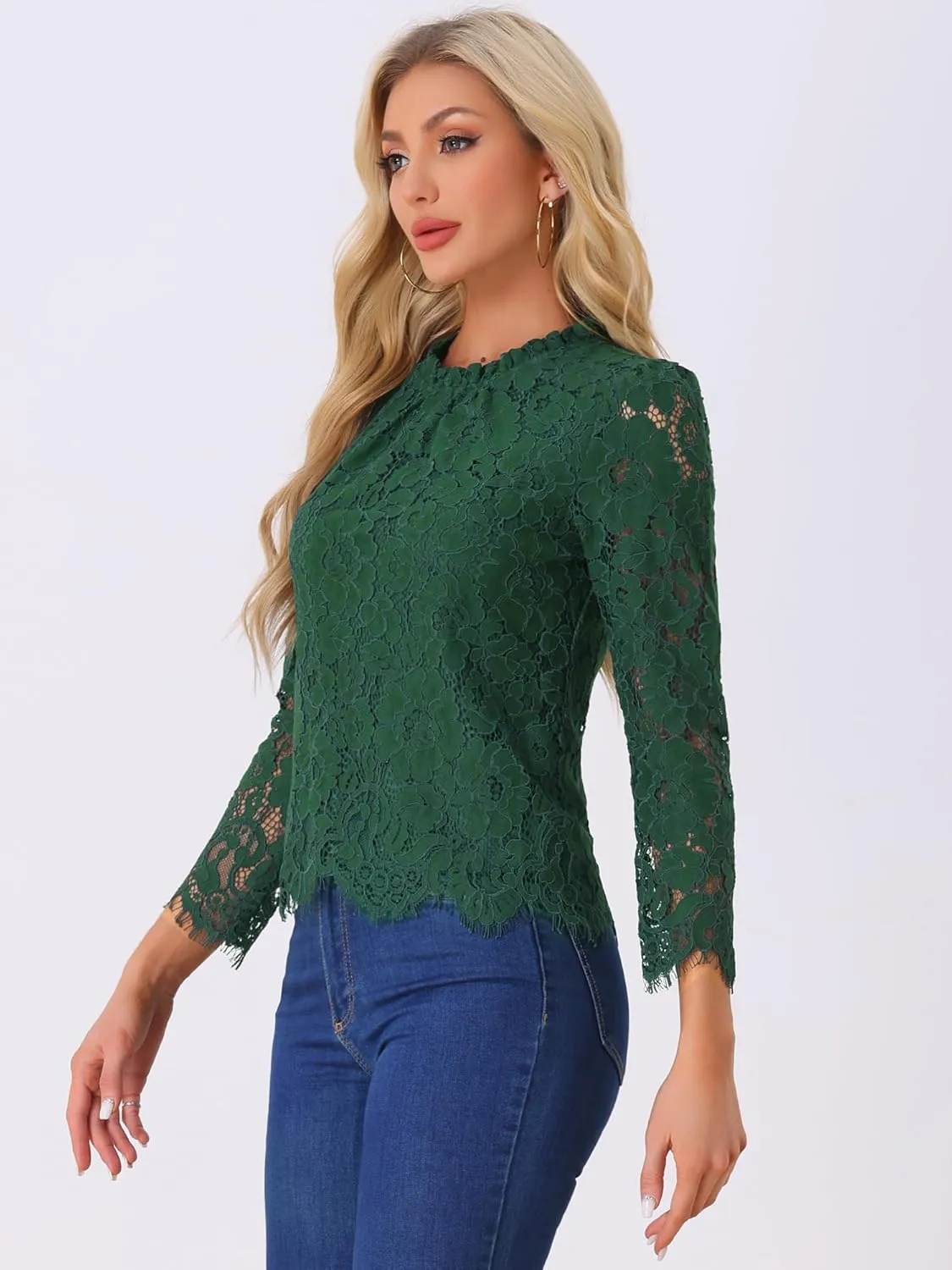 Allegra K Women's Lace Top Long Sleeve Ruffle Neck Floral Blouse
