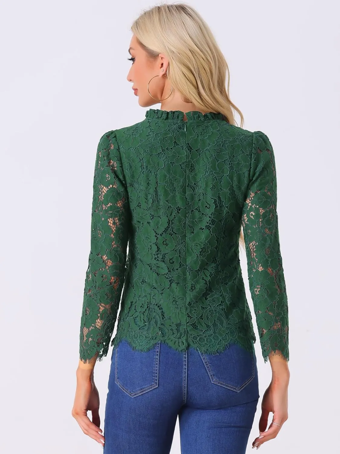 Allegra K Women's Lace Top Long Sleeve Ruffle Neck Floral Blouse