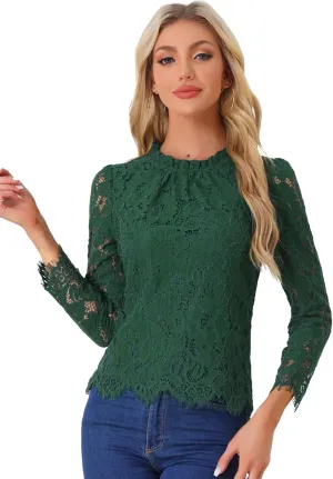 Allegra K Women's Lace Top Long Sleeve Ruffle Neck Floral Blouse
