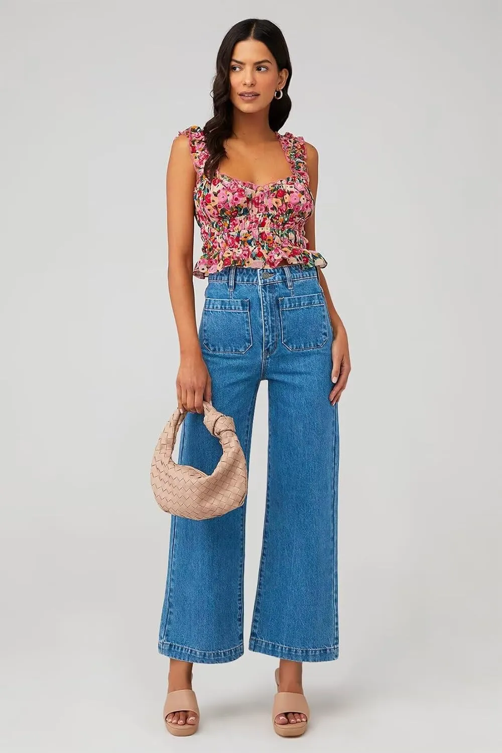 Allimy Women's High Waisted Cropped Wide Leg Jeans Stretchy Loose Denim Pants with Front Patch Pockets