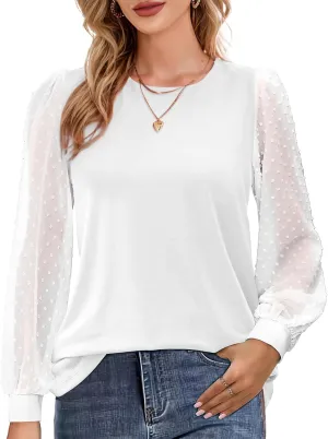 AURUZA Womens Mesh Long Sleeve Shirts Dressy Casual Blouses Tops Balloon Tunic Trendy Crew Neck Clothes Outfits
