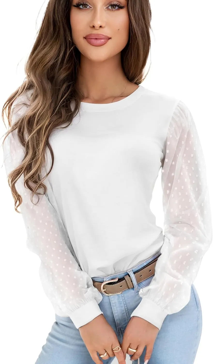AURUZA Womens Mesh Long Sleeve Shirts Dressy Casual Blouses Tops Balloon Tunic Trendy Crew Neck Clothes Outfits