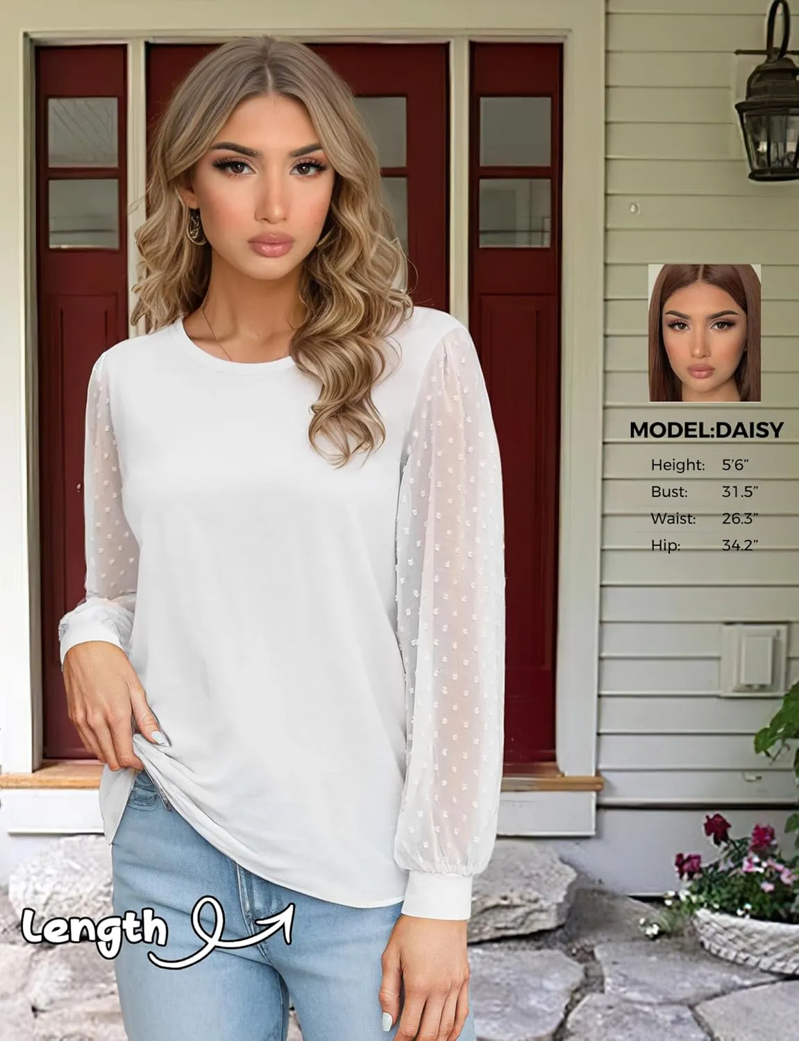 AURUZA Womens Mesh Long Sleeve Shirts Dressy Casual Blouses Tops Balloon Tunic Trendy Crew Neck Clothes Outfits