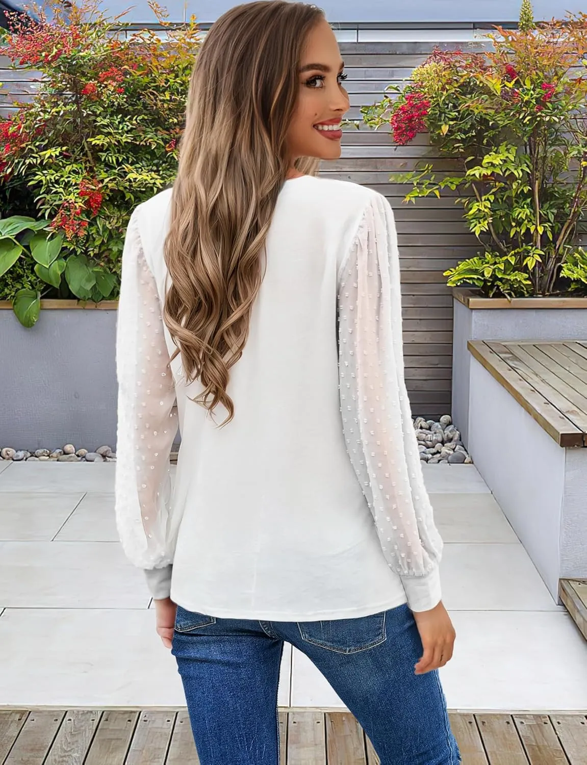 AURUZA Womens Mesh Long Sleeve Shirts Dressy Casual Blouses Tops Balloon Tunic Trendy Crew Neck Clothes Outfits