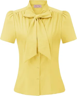 Belle Poque Summer Short Sleeve Office Button Down Blouse Stripe Shirt Tops with Bow Tie BP573
