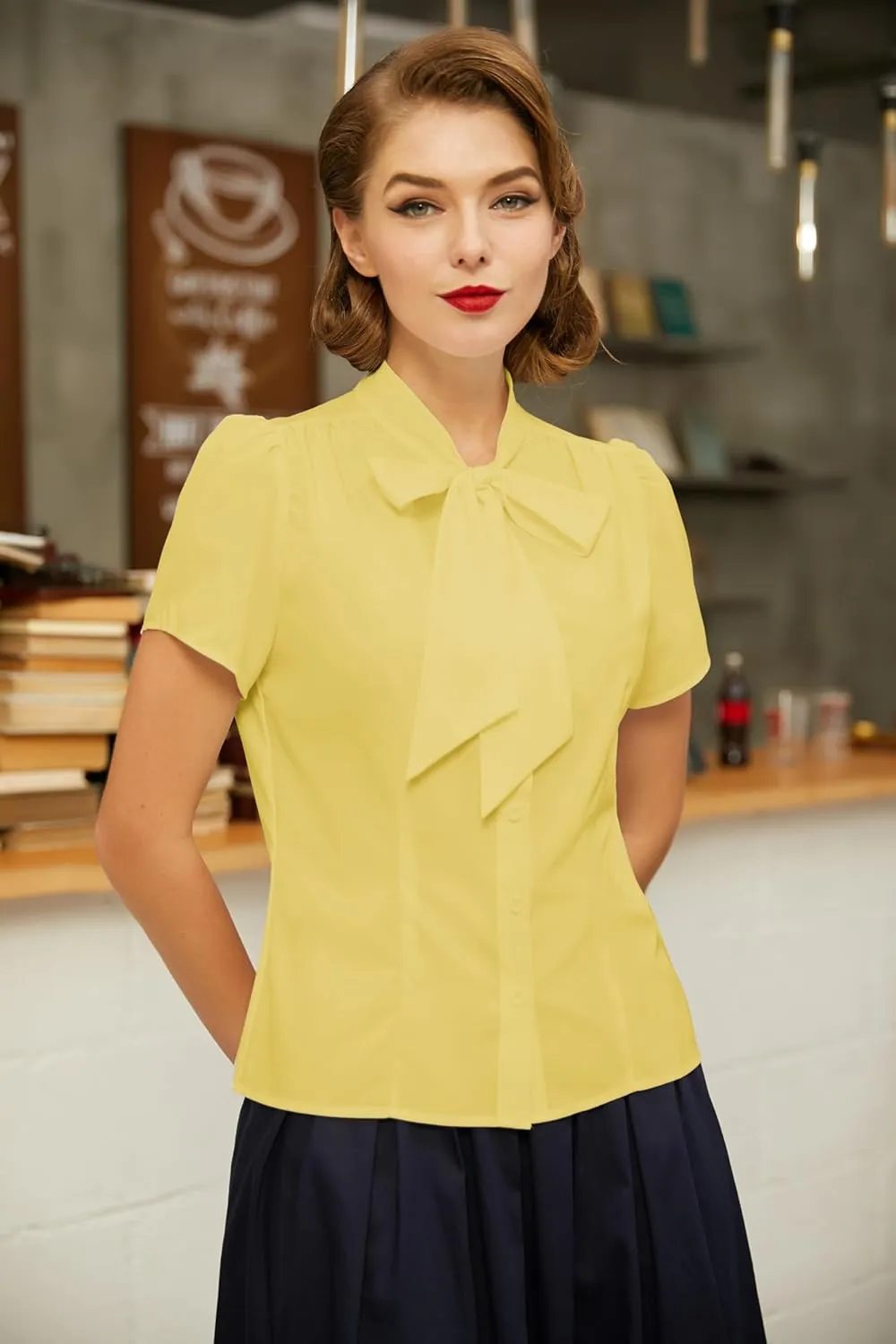 Belle Poque Summer Short Sleeve Office Button Down Blouse Stripe Shirt Tops with Bow Tie BP573