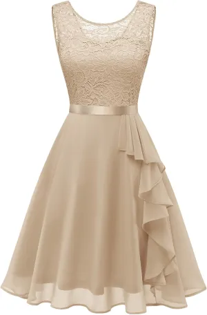 BeryLove Women's Cocktail Dresses Prom Wedding Guest Short Bridesmaid Dresses Ruffle Hem Sleeveless Lace Formal Dress