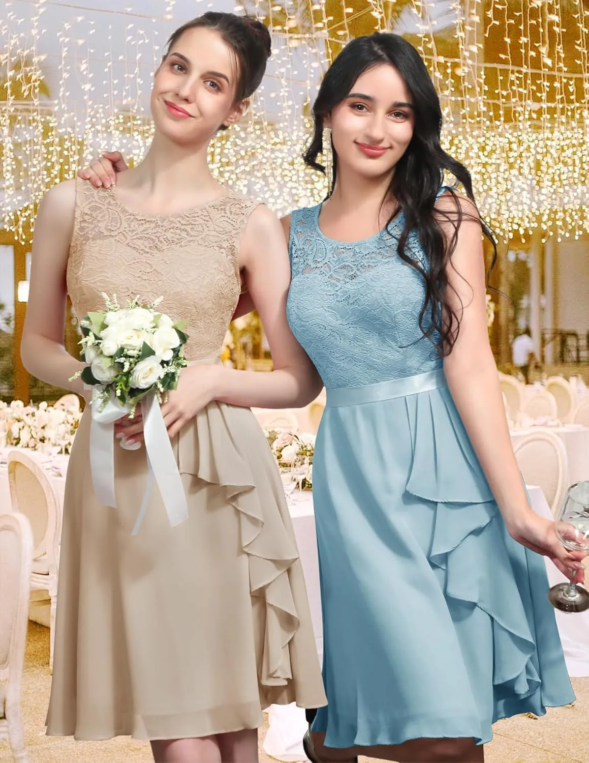 BeryLove Women's Cocktail Dresses Prom Wedding Guest Short Bridesmaid Dresses Ruffle Hem Sleeveless Lace Formal Dress