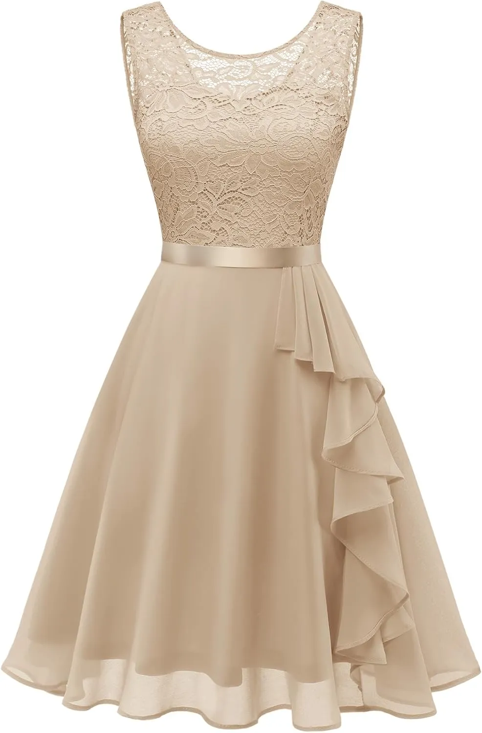 BeryLove Women's Cocktail Dresses Prom Wedding Guest Short Bridesmaid Dresses Ruffle Hem Sleeveless Lace Formal Dress