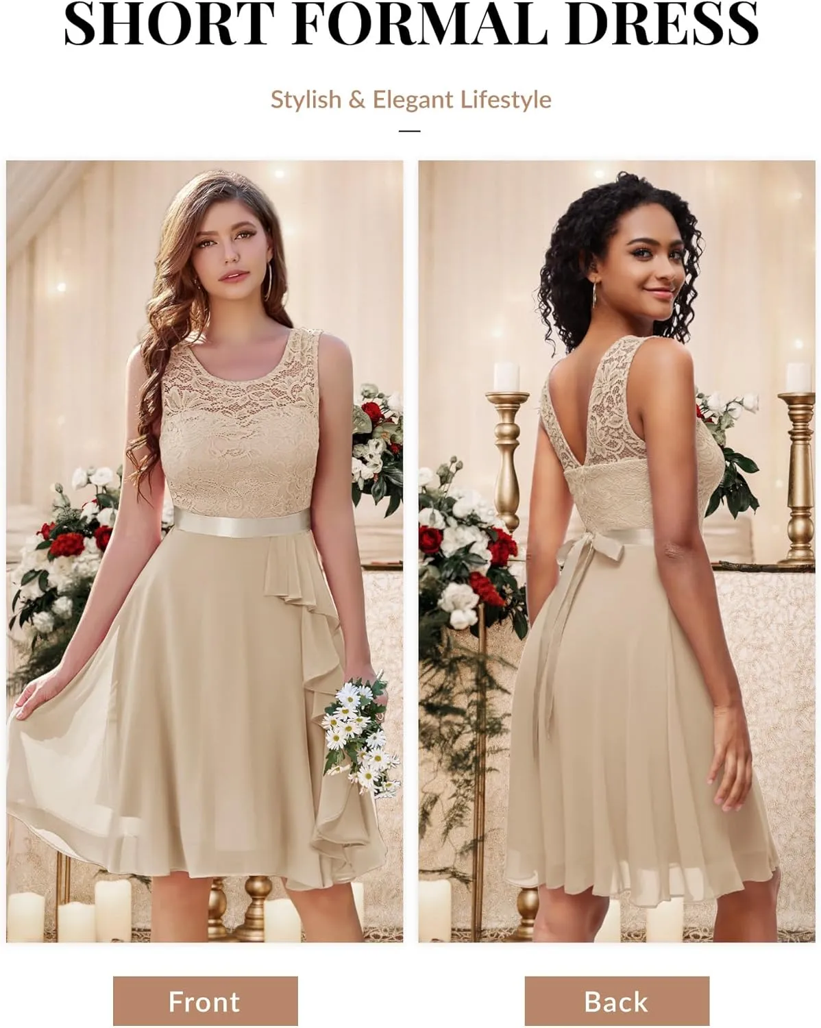 BeryLove Women's Cocktail Dresses Prom Wedding Guest Short Bridesmaid Dresses Ruffle Hem Sleeveless Lace Formal Dress