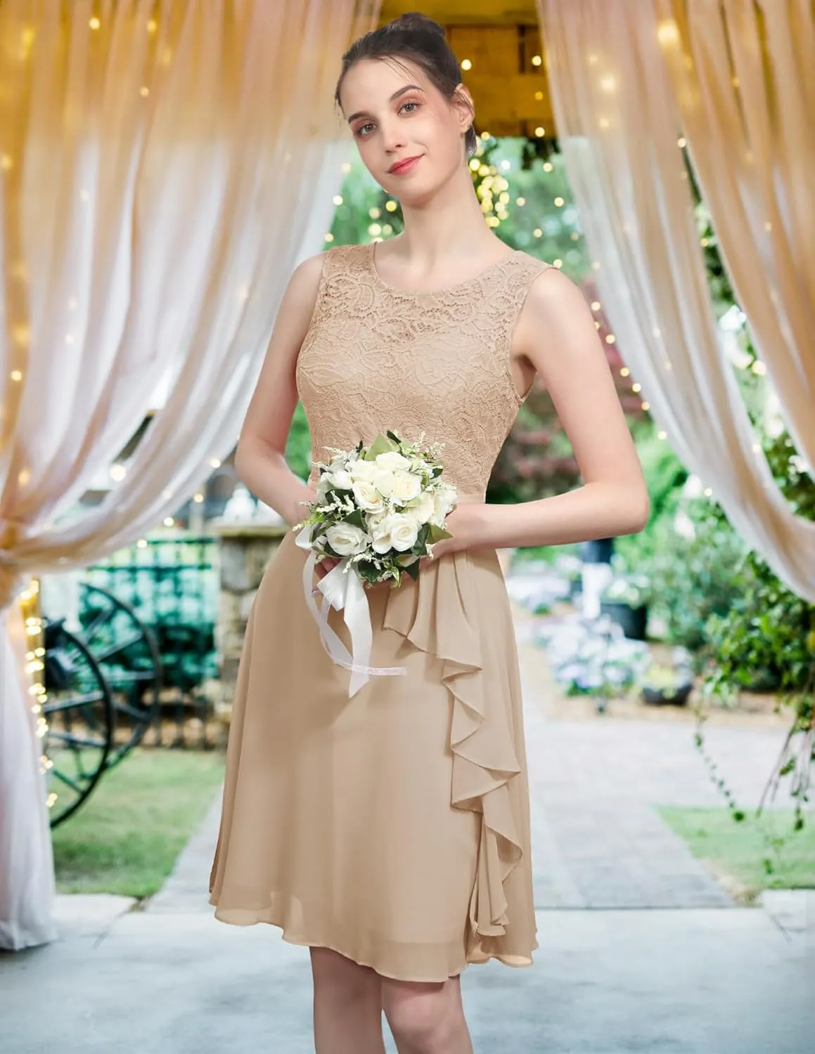 BeryLove Women's Cocktail Dresses Prom Wedding Guest Short Bridesmaid Dresses Ruffle Hem Sleeveless Lace Formal Dress