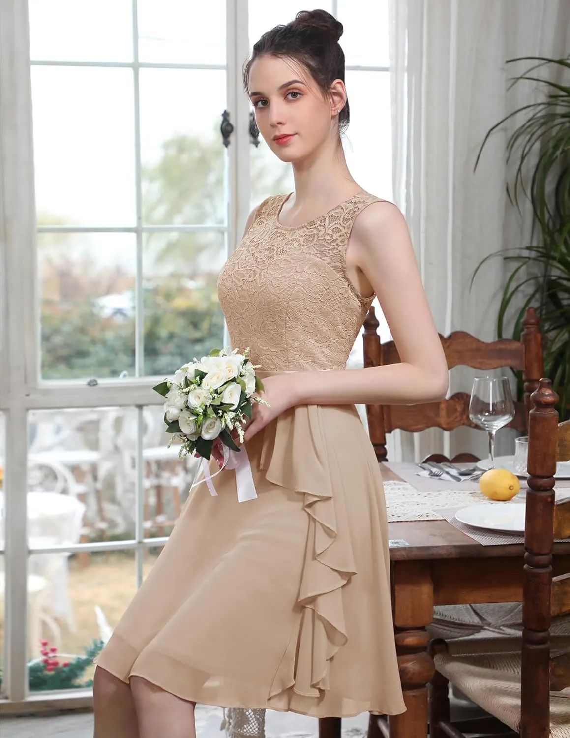 BeryLove Women's Cocktail Dresses Prom Wedding Guest Short Bridesmaid Dresses Ruffle Hem Sleeveless Lace Formal Dress