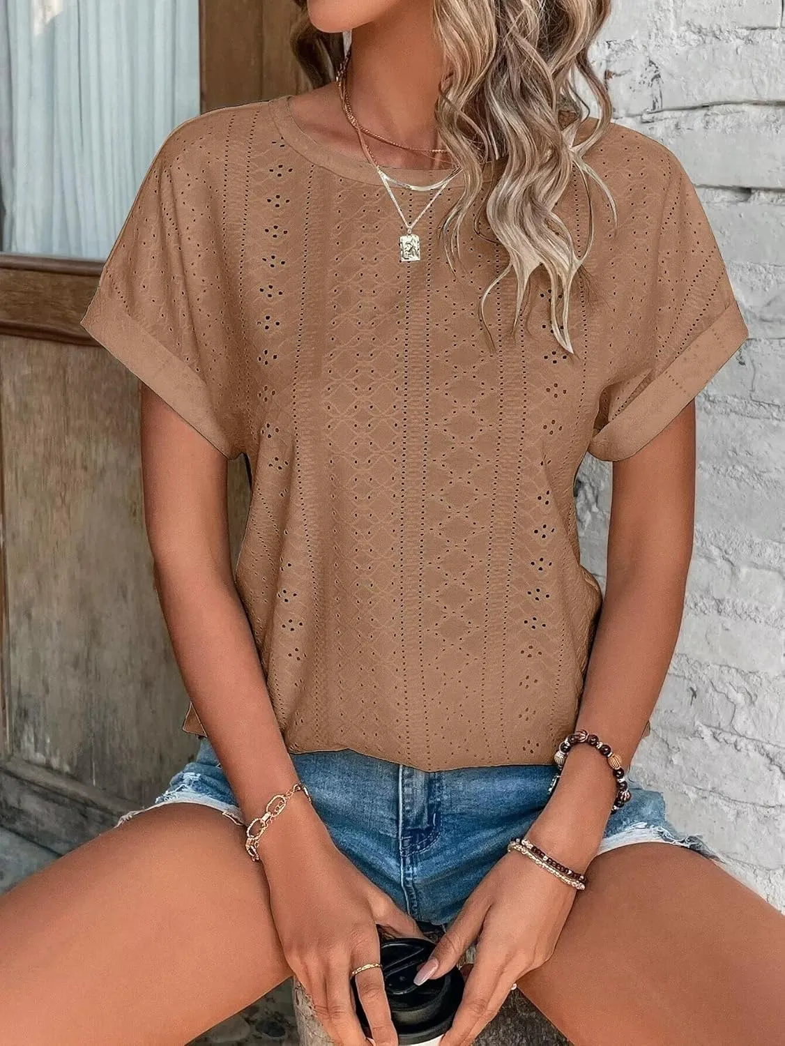 Bliwov Womens Tops Eyelet Embroidery Summer Spring Curved Hem Short Sleeve Trendy T Shirts Outfits Beach Vacation Clothes