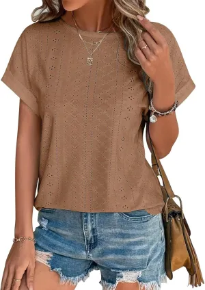 Bliwov Womens Tops Eyelet Embroidery Summer Spring Curved Hem Short Sleeve Trendy T Shirts Outfits Beach Vacation Clothes