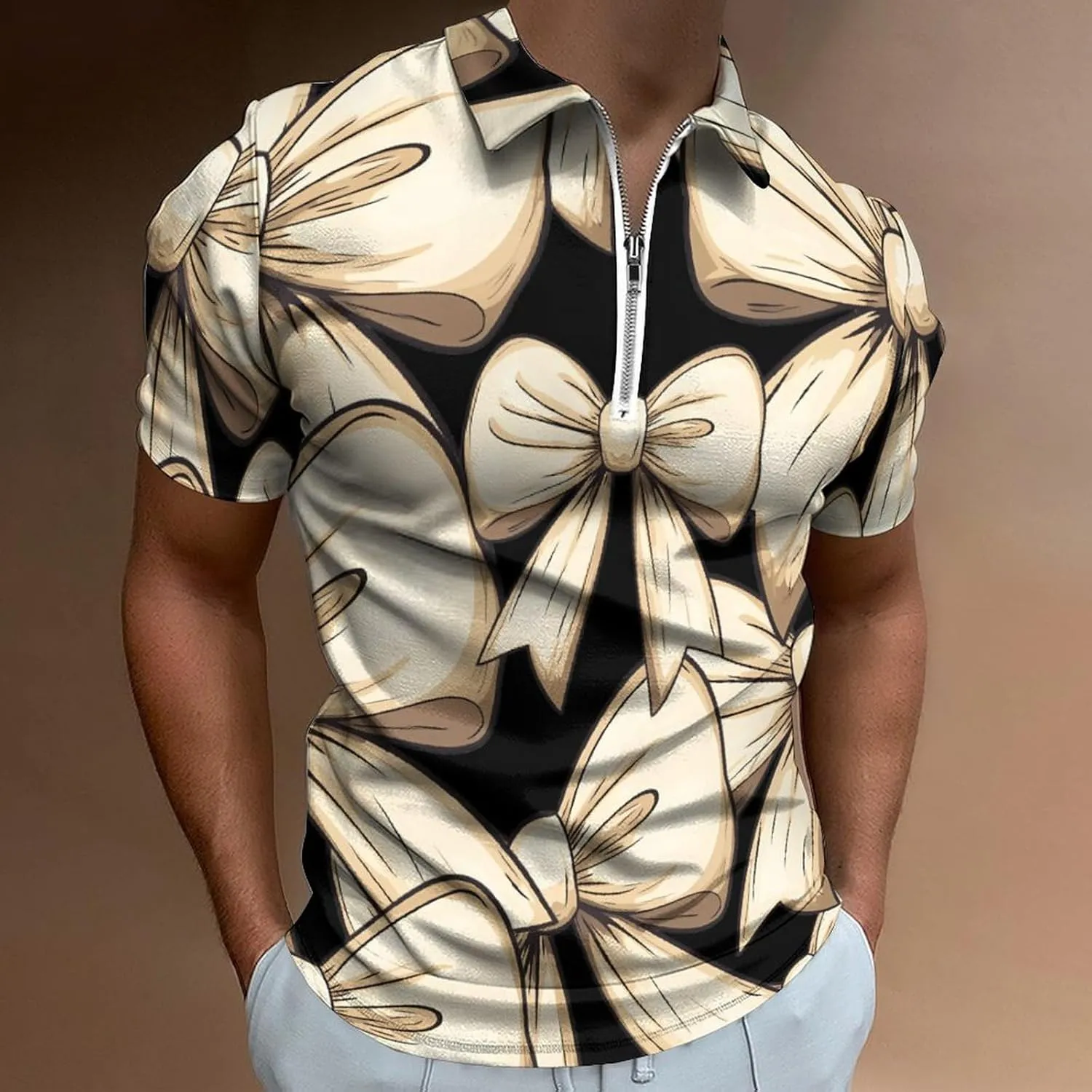 Bow Line Drawing Trendy Polo Shirts for Men Short Sleeve Lapel Collar Zipper T-Shirts Outdoor Sports
