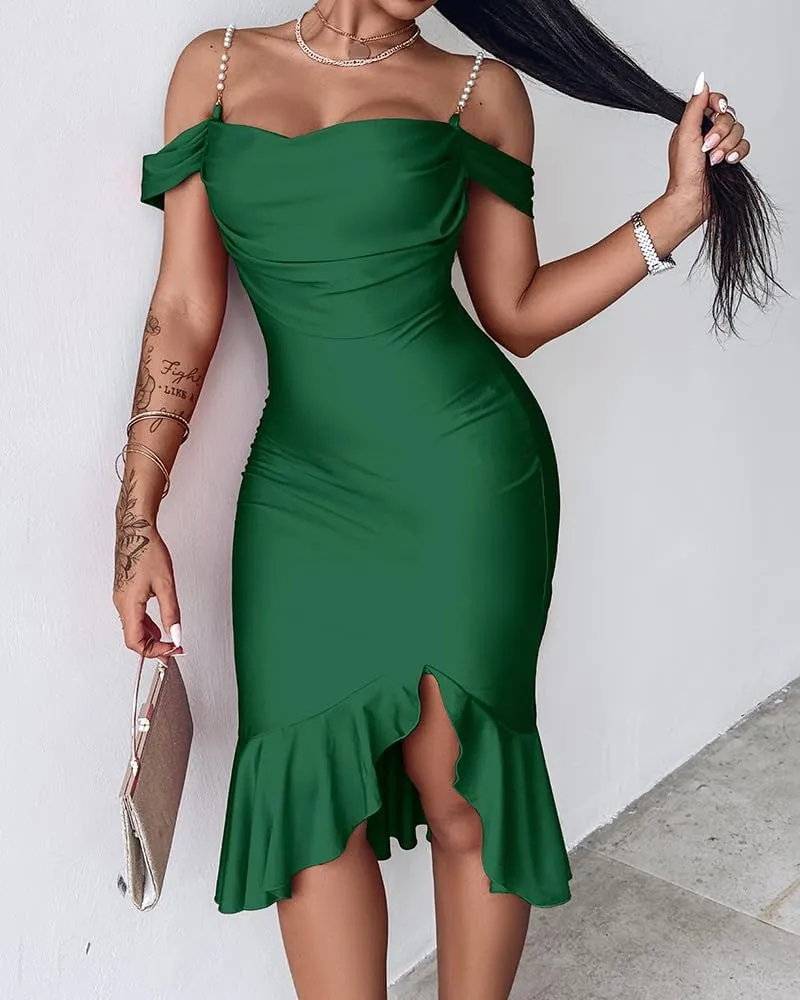 CHICME Womens Sexy Bodycon Party Dress Off The Shoulder Pearls Strap Midi Dress Ruffle Hem Cocktail Dresses