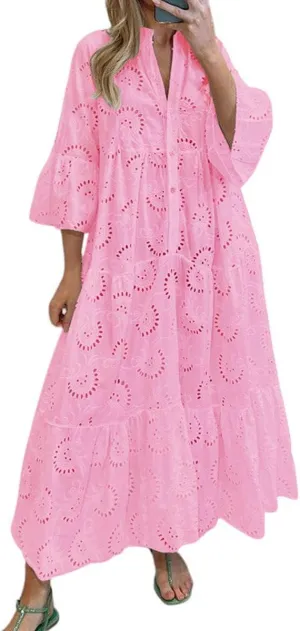 chouyatou Women's 2025 Lace Eyelet Embroidery Maxi Dress V-Neck Trumpet Sleeve Boho Flowy Swing Dress
