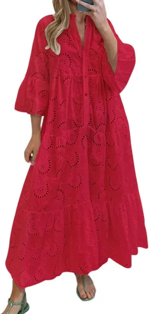 chouyatou Women's 2025 Lace Eyelet Embroidery Maxi Dress V-Neck Trumpet Sleeve Boho Flowy Swing Dress