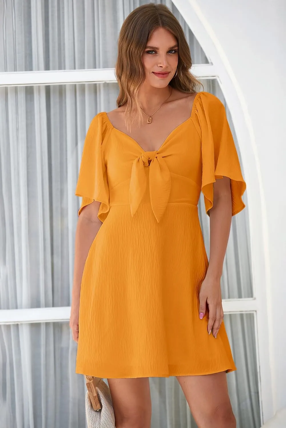 Dokotoo Womens Dresses 2025 Spring Summer Deep V Neck Elegant Bow tie Mini Dress S-XL