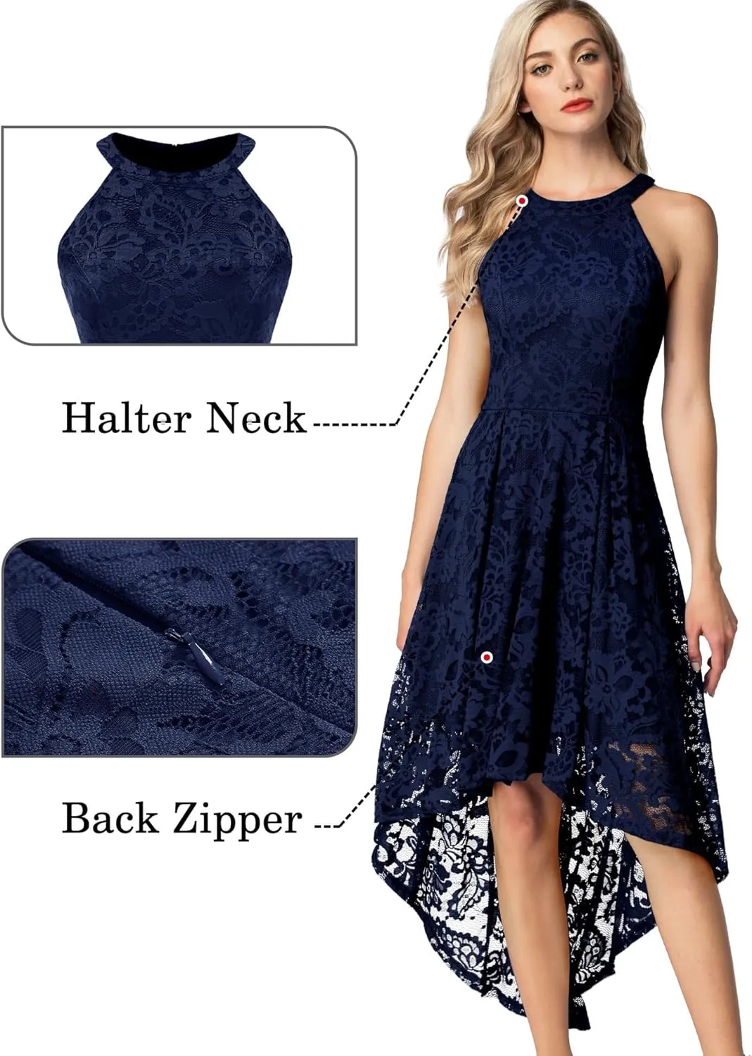 Dressystar Women Halter Lace Wedding Guest Dress Hi-Lo Cocktail Party Bridesmaid Formal Dresses