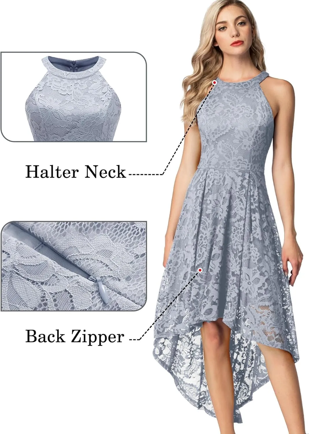 Dressystar Women Halter Lace Wedding Guest Dress Hi-Lo Cocktail Party Bridesmaid Formal Dresses
