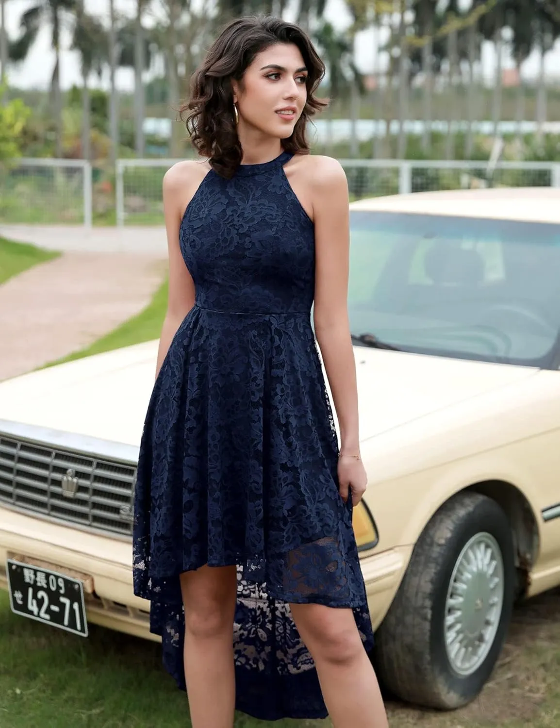 Dressystar Women Halter Lace Wedding Guest Dress Hi-Lo Cocktail Party Bridesmaid Formal Dresses