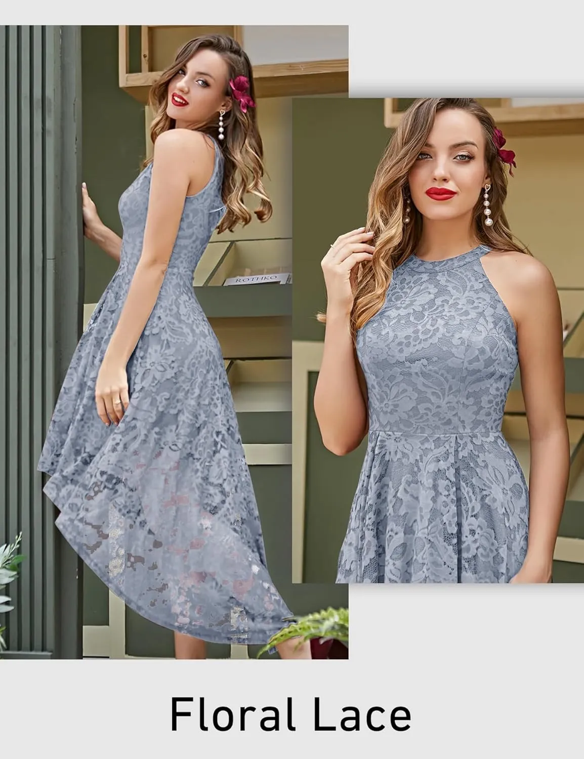 Dressystar Women Halter Lace Wedding Guest Dress Hi-Lo Cocktail Party Bridesmaid Formal Dresses