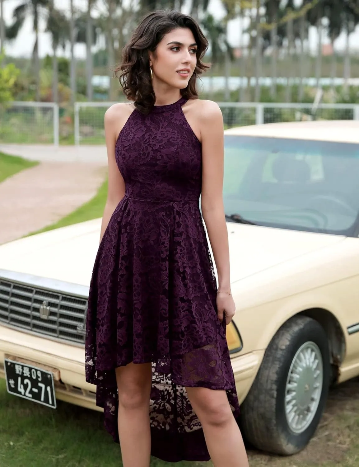 Dressystar Women Halter Lace Wedding Guest Dress Hi-Lo Cocktail Party Bridesmaid Formal Dresses