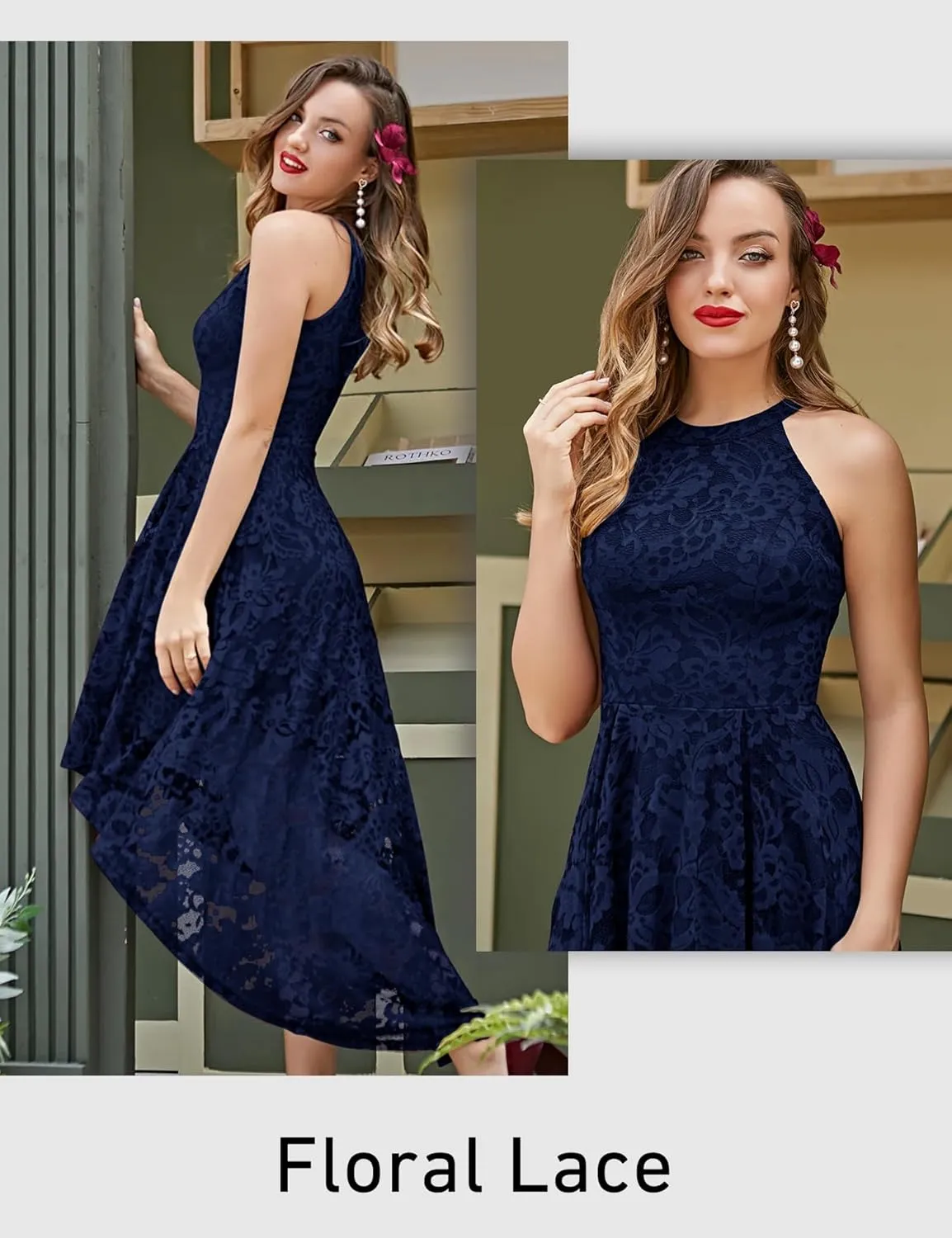 Dressystar Women Halter Lace Wedding Guest Dress Hi-Lo Cocktail Party Bridesmaid Formal Dresses