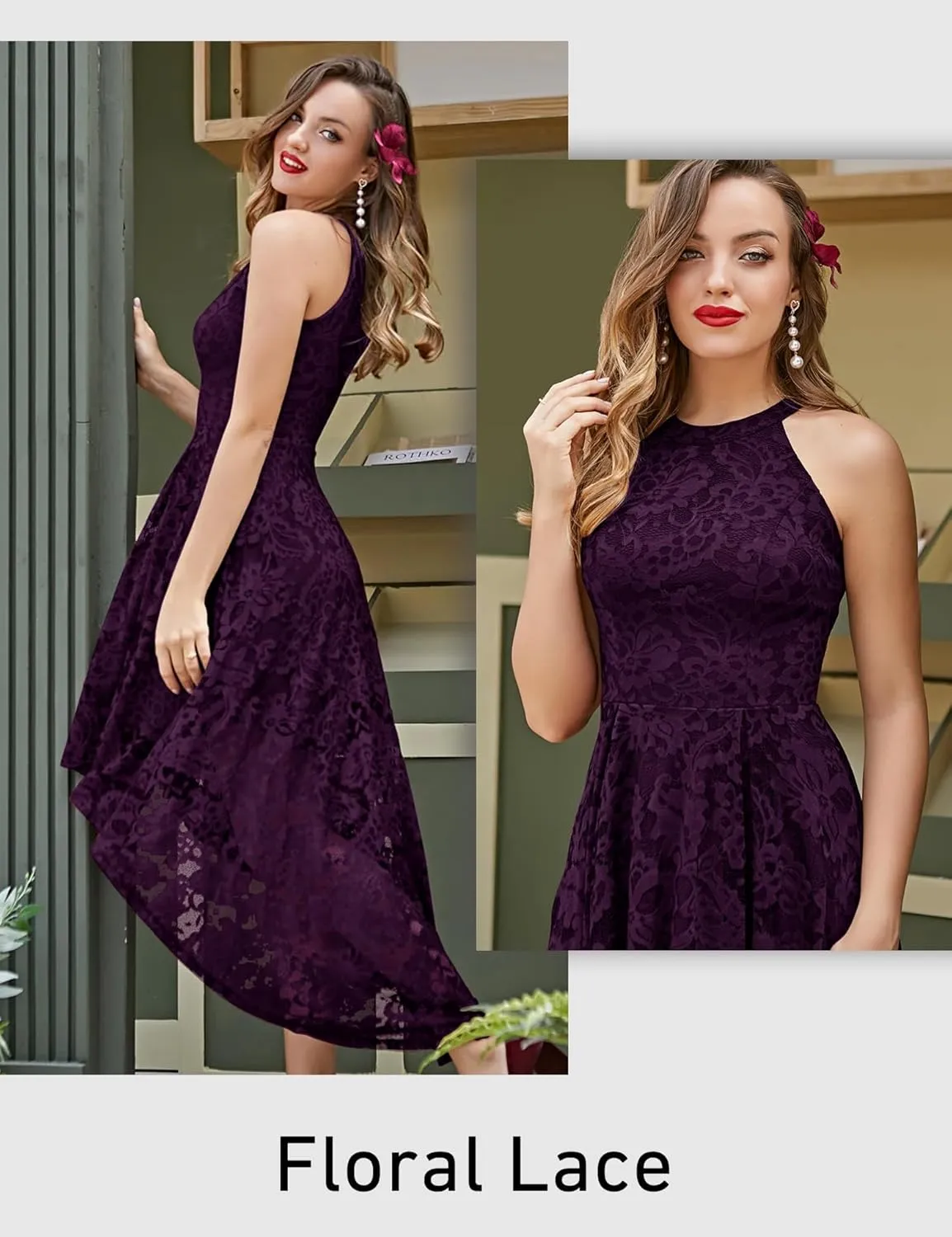 Dressystar Women Halter Lace Wedding Guest Dress Hi-Lo Cocktail Party Bridesmaid Formal Dresses