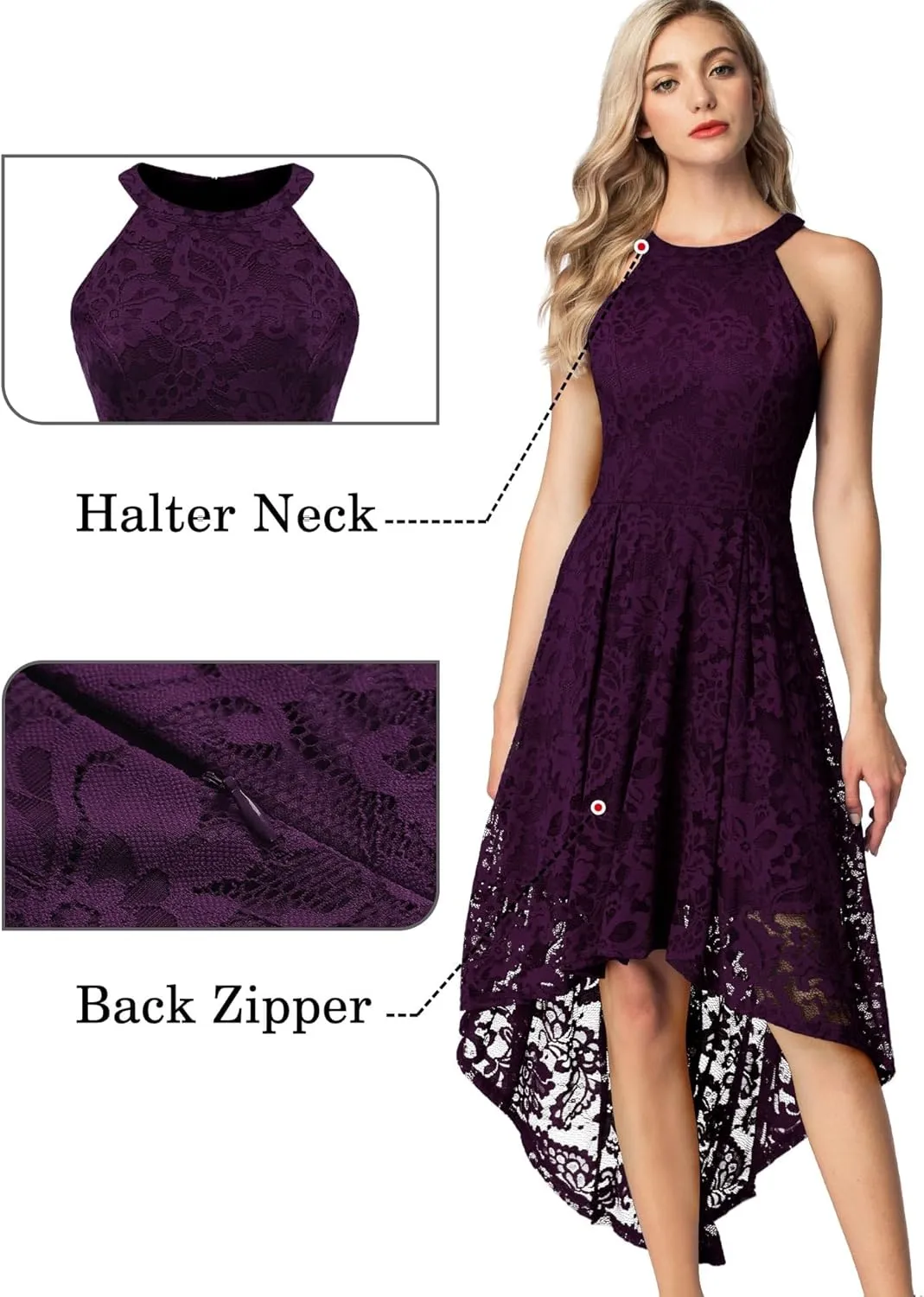 Dressystar Women Halter Lace Wedding Guest Dress Hi-Lo Cocktail Party Bridesmaid Formal Dresses