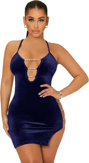Floerns Women's Chain Cut Out Sleeveless Velvet Bodycon Party Mini Dress