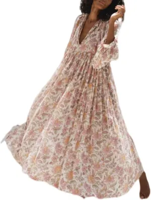 Floral Print Boho Puff Sleeve Maxi Dresses Flowy V Neck Sundresses for Women Ruffle Smocked Tiered Loose Long Dresses