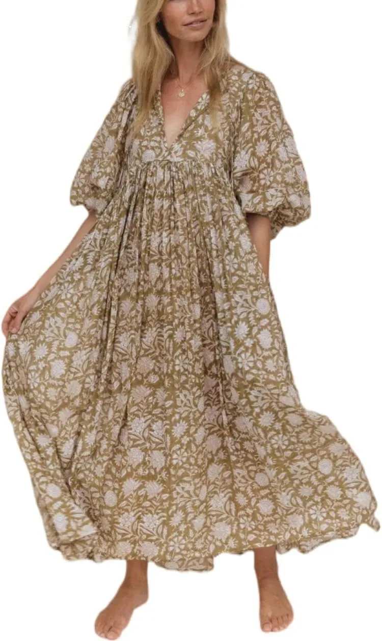 Floral Print Boho Puff Sleeve Maxi Dresses Flowy V Neck Sundresses for Women Ruffle Smocked Tiered Loose Long Dresses