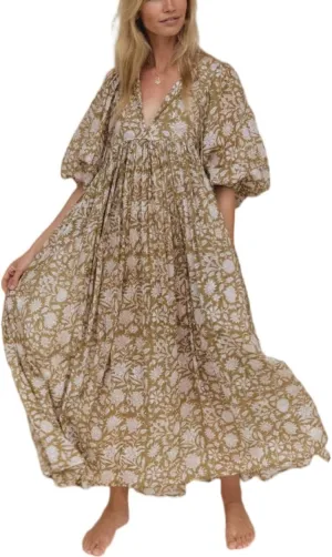 Floral Print Boho Puff Sleeve Maxi Dresses Flowy V Neck Sundresses for Women Ruffle Smocked Tiered Loose Long Dresses