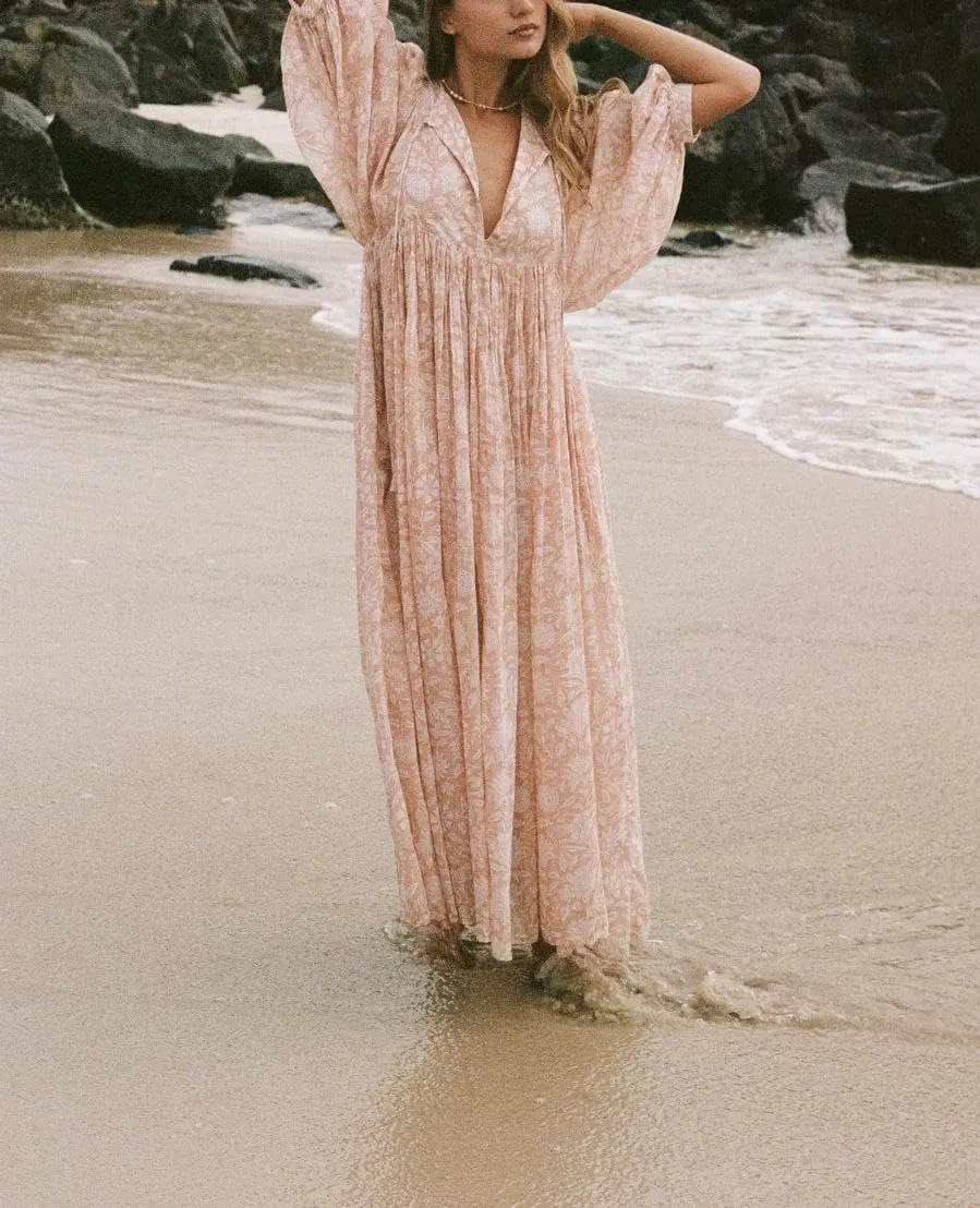 Floral Print Boho Puff Sleeve Maxi Dresses Flowy V Neck Sundresses for Women Ruffle Smocked Tiered Loose Long Dresses
