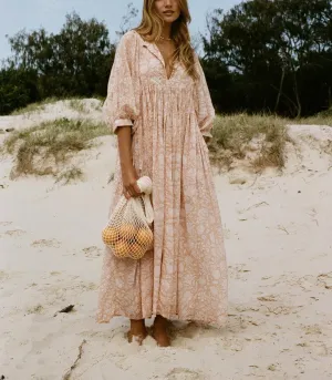Floral Print Boho Puff Sleeve Maxi Dresses Flowy V Neck Sundresses for Women Ruffle Smocked Tiered Loose Long Dresses