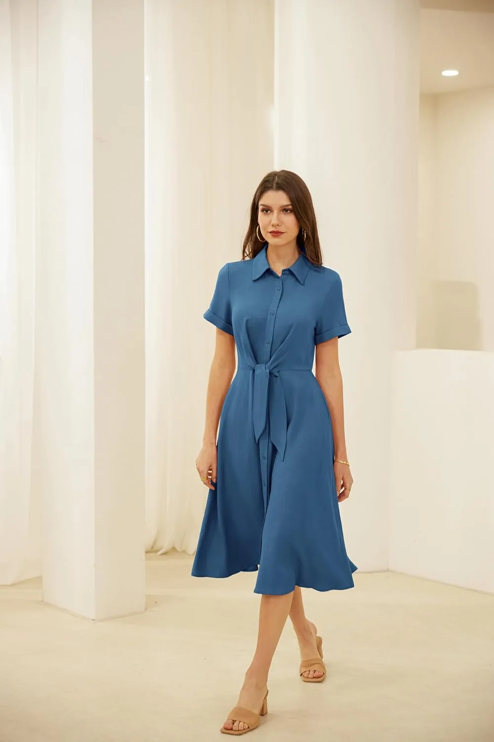 GRACE KARIN Womens Linen Dresses Summer Casual Flowy Collar Button Down Dress Front Tie Short Sleeve Pockets Midi Work Dress
