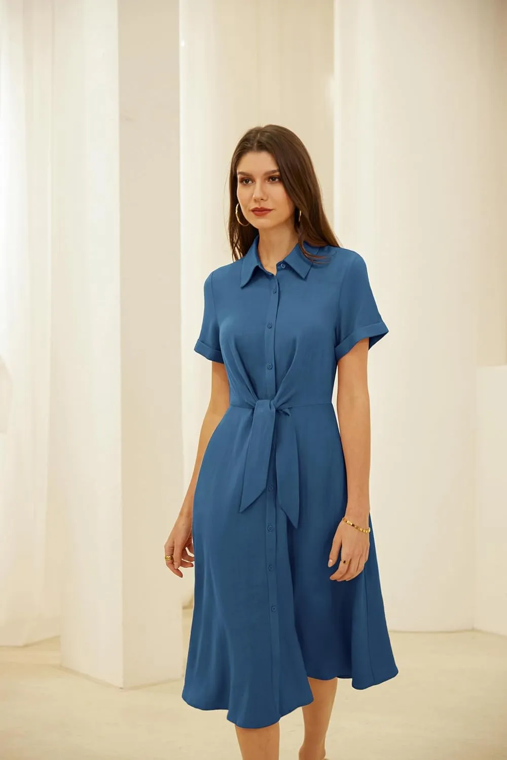 GRACE KARIN Womens Linen Dresses Summer Casual Flowy Collar Button Down Dress Front Tie Short Sleeve Pockets Midi Work Dress
