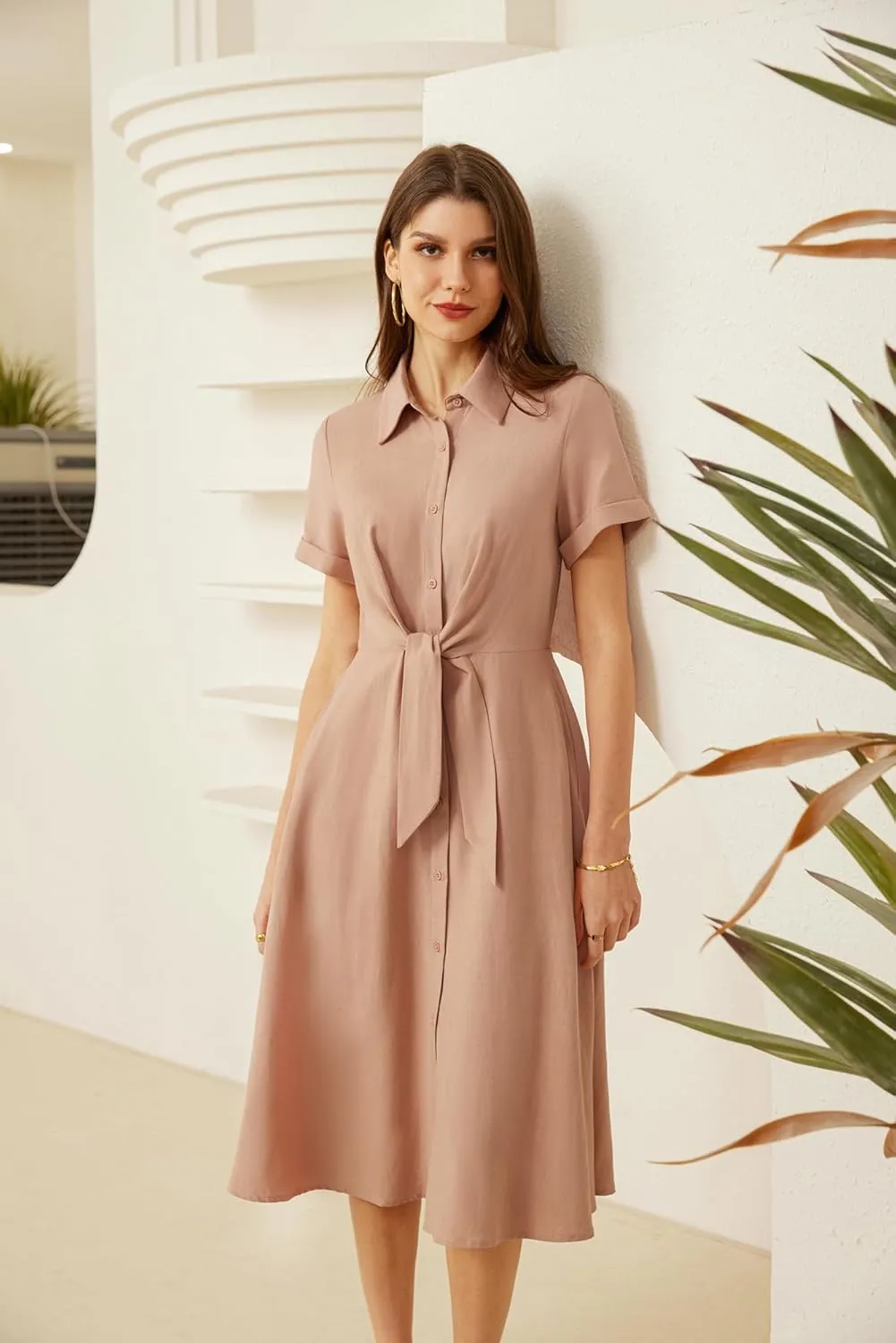 GRACE KARIN Womens Linen Dresses Summer Casual Flowy Collar Button Down Dress Front Tie Short Sleeve Pockets Midi Work Dress